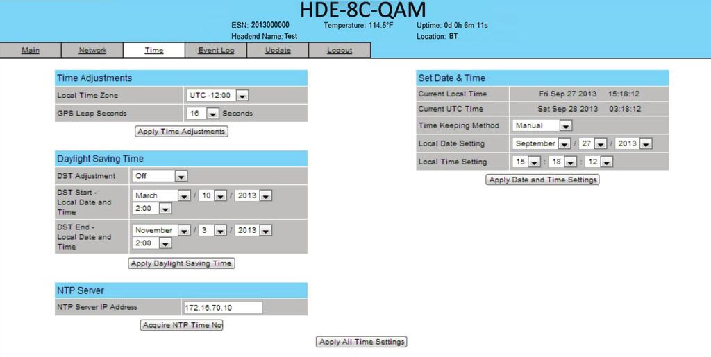 26 HDE-8C-QAM 5.8 "Time" Screen The Time screen (Figure 5.11) allows you to set the current date and time for the HDE-8C-QAM.