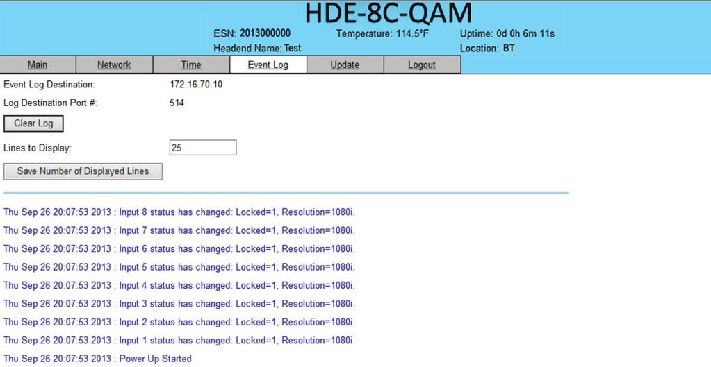 28 HDE-8C-QAM 5.9 "Event Log" Screen The Event Log screen (Figure 5.9) is a read and write screen where the following parameters can be displayed or configured.