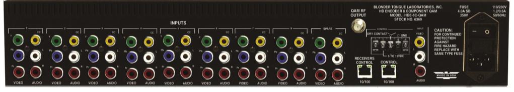 8 HDE-8C-QAM Rear panel connectors are: 6 7 8 9 10 6 7 8 11 12 INPUTS #1 thru 8 + Spare: RCA connectors for Video and Audio inputs marked as follows: Y, Pb, Pr - Analog Component Video Y Composite