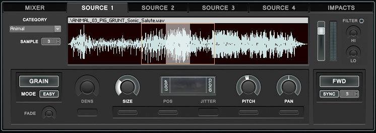 The source players each offer a master volume accompanied by a high & low - cut filter. The samplers operate in two different playback modes: loop and grain.