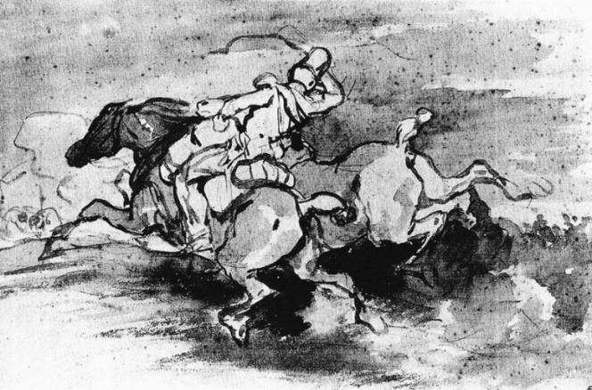 Slika 6: Theodore Gericault, Artilleryman vodi svojega konja na polje, 1913 (sepia) Sepia je živalski pigment, ki ga dobimo od sipe. Je eden od najstarejših tekočih materialov za risanje.