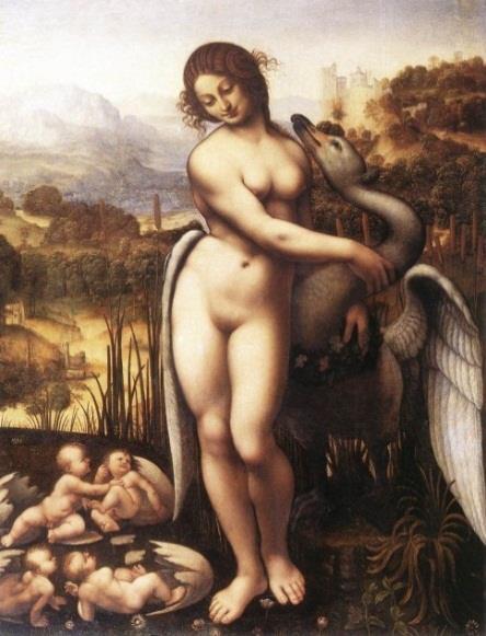 Po njegovih neštetih skicah in študijah človeškega telesa, vidimo na sliki»leda in labod«erotičen prikaz ženskega akta. Njena poza in poudarjene obline, spominjajo na antične kipe Venere.