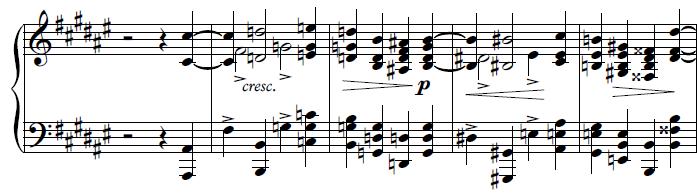 142 Fig. 5.1 Nocturno op. 10, beginning, mm. 1 5 In section A, the melody and multi-part accompaniment create a rich sounding texture.