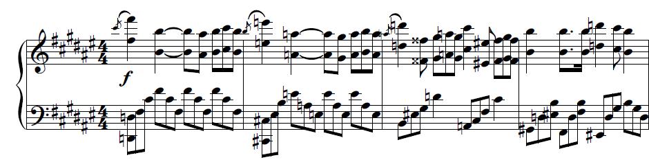 148 G diminished 7 th, and F minor,. The right hand retains rhythmic similarities with the previous melodic lines, while the bass line describes a complete stepwise octave descent, from the E 3 of m.
