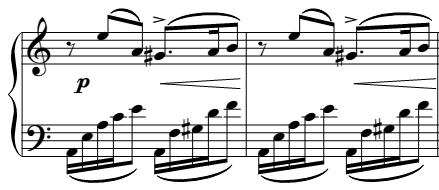 This third motive, although continuing the dotted-eighth rhythmic aspect of the previous ones, is of a more melancholic and lyric manner, with longer phrasing (20 measures) and more stable harmonic