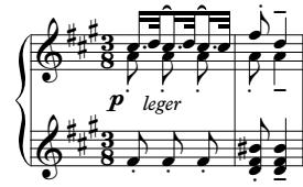 176 Section A begins with a four-bar theme containing two distinct rhythmic motives, a quick dotted rhythm and a syncopated eighth-quarter gesture.