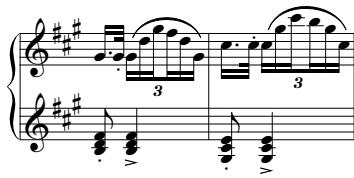 The right hand is now the accompaniment, using sixteenth-note triplets inherited from the arpeggiated figures of the beginning, and introducing some virtuoso passagework.