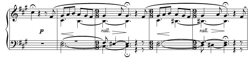 The use of fermata after each phrase of the first half, and later to separate subsections, enhances the reflective character.