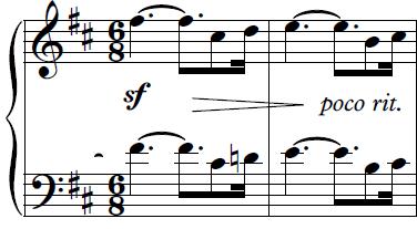 191 Fig. 6.30 Op. 24 no. 1, transition to E minor without cadence, mm. 14 18 After achieving the highest note of the piece thus far (C 6, m.