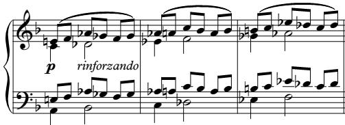 216 The improvisatory manner and the influence of Schumann s Coquette can be readily observed in the use of scherzo-like dotted rhythms as well as the rapid changes of mood, key, and harmony in this