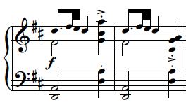 252 Section B presents the Mazurka-like style, with a strong tonicization of the dominant chord leading back to tonic D minor, with a prominent alternation between G# in m. 18 and G in m.