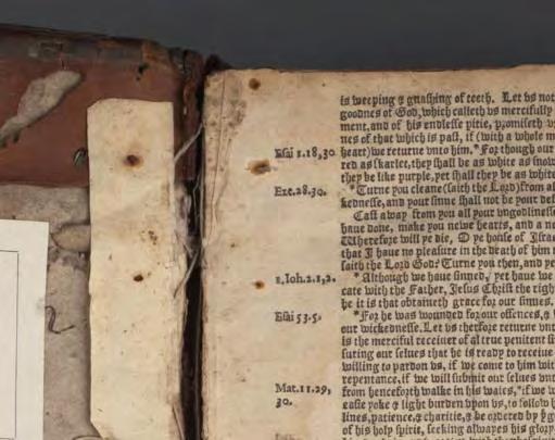 Johnson, ANAGPIC 2015, 9 Figure 10: Nail holes in Geneva Bible from front cover into the first page Given the possibility of the structure being an initial binding, and also given that the binding