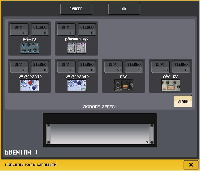 Graphic EQ, effects, and Premium Rack 3. To mount a Premium Rack in the rack, press the RACK MOUNT button for that rack. The PREMIUM RACK MOUNTER popup window will appear.