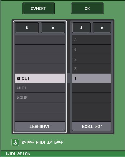MIDI 4. To specify the port that will be used to transmit or receive each type of MIDI message, press the transmit (Tx) or receive (Rx) port select popup button.