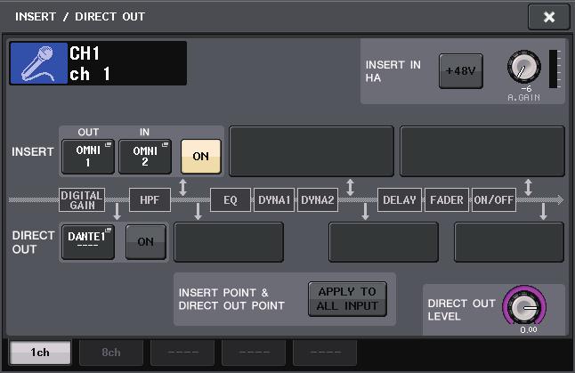 Input and output patching 5. Use the output port select tabs and the output port select buttons to specify the output port that will be used as insert-out, and press the CLOSE button.
