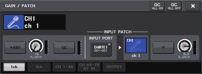 Input channels GAIN/PATCH popup window (1 ch) 1 8 Gain compensation meter Indicates the level of the signal output to the audio network after gain compensation.