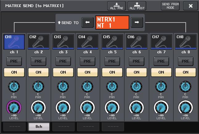 In the OVERVIEW screen, you can use the TO MIX/TO MATRIX field to adjust the send levels to the MIX/MATRIX bus. 4.