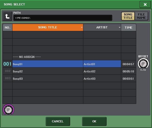 Scene memory 4. Press the song select popup button for a scene to which you want to link the audio file. The SONG SELECT popup window will appear.