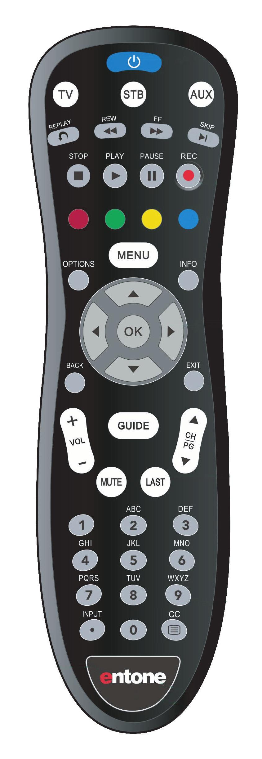 1 Remote Control Basics Device Selection Press to control your TV, STB, or Auxiliary Device Playback Controls Control playback of DVD or DVR Function Buttons For future use OPTIONS Settings for