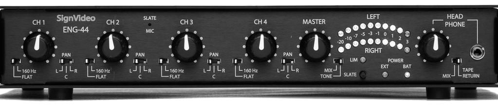 Front Panel 1. CH1-CH4 Gain Controls Individual gain controls for each of the four input audio channels, marked 1-4. Gain controls are also known as faders or level controls. 2.