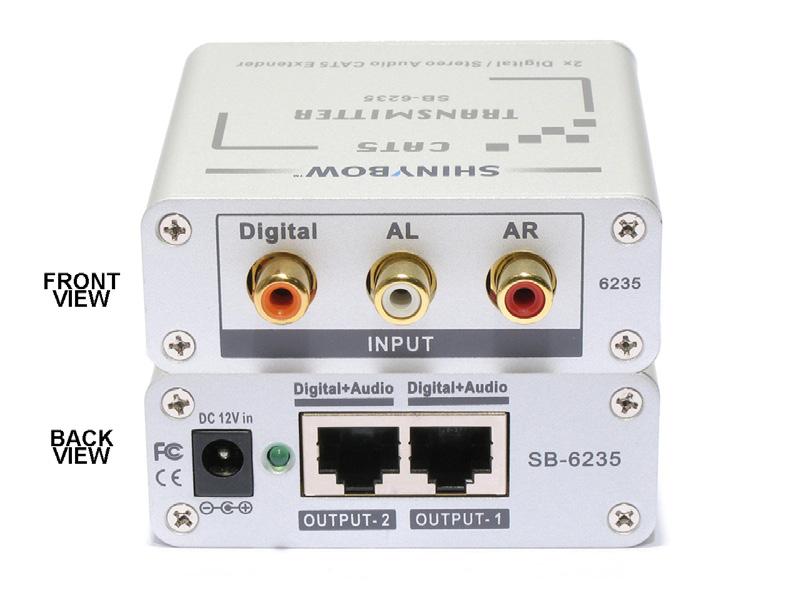 TYPICAL HOOKUP AND OPERATION SB-6235T SB-6235R TRANSMITTER Front: Input: Digital+Audio or Composite+Audio Rear: Output: (2) CAT5 (Tx) Transmitter Power Output: DC12V@1200mA RECEIVER Front: Input: (1)