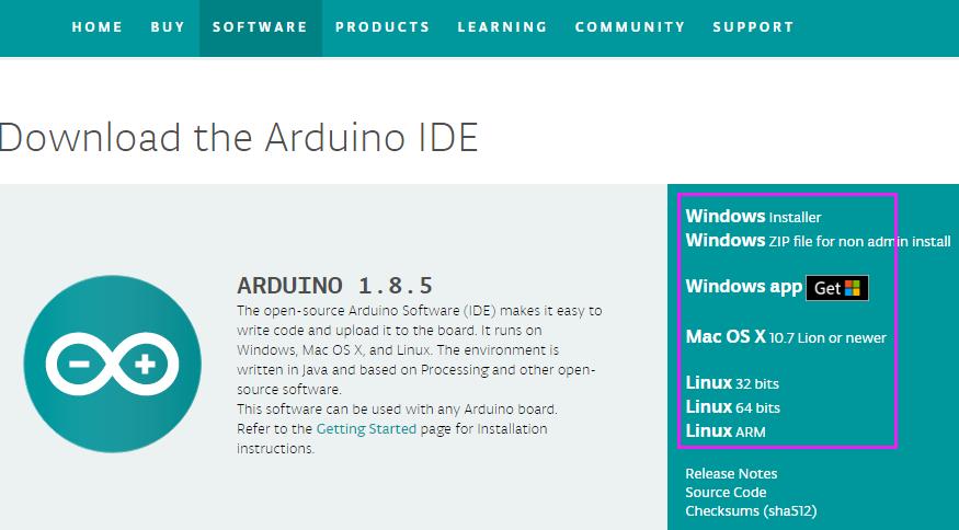 Find the one that suits your operation system and click to download. There are two versions of Arduino for Windows: Installer or ZIP file. You're recommended to download the former.