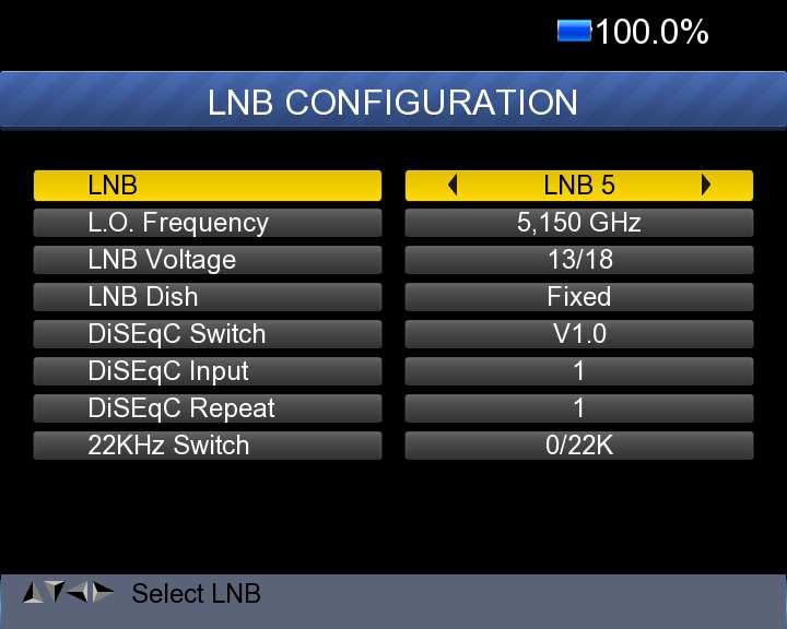 Press<OK> button to setup LNB configuration as below picture a. LNB: Use <Left/Right> button to select the LNB b. L.O. Frequency: Enter the proper LNB frequency referring to your LNB by using the numeric key on the keypad.