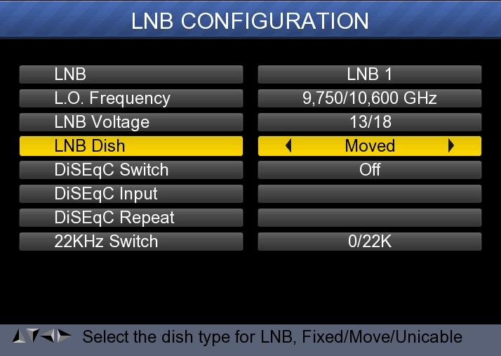 3) Dish Position: First press OK button on LNB to enter LNB