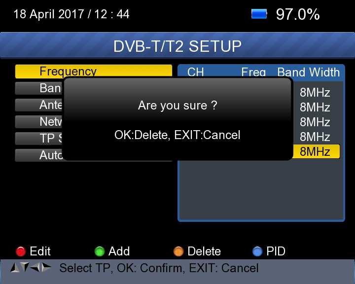 confirm message. Press <OK/EXIT> button to delete or cancel this operation. PID infomation: Press <Blue(PID)> button to check the PID information of the Frequency.