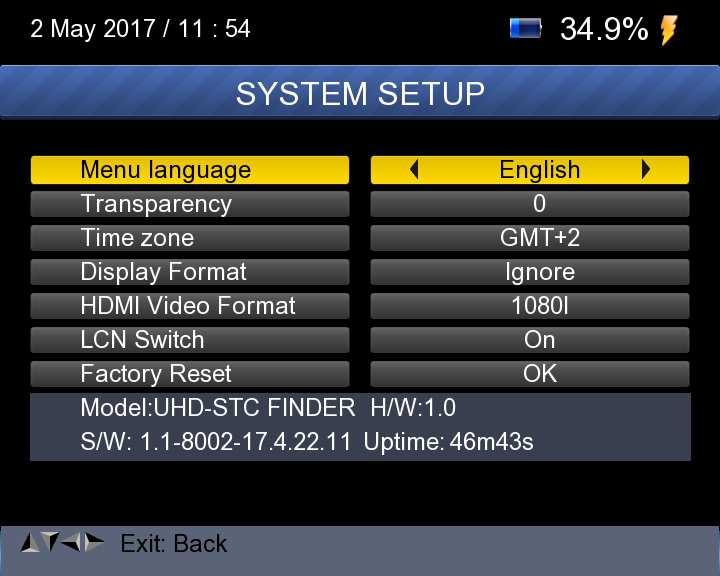 1) Menu language: Press <Left/Right> button to Select the desired language for menu 2) Transparency: Press <Left/Right> button to adjust the OSD transparency of all the menu of the receiver.