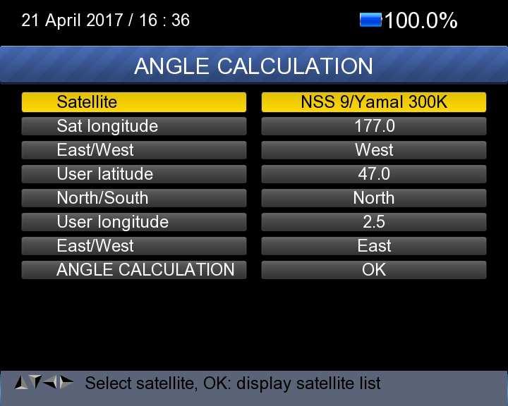 7) Angle calculation: Press OK on Angle Calculation then following window appears. 1) Satellite: Use LEFT/RIGHT button to select the satellite or Press OK button to select the Satellite.
