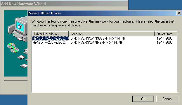 HiPix DTV-200 device driver installation Windows ME (Millennium Edition) When Windows ME boots up the first time after