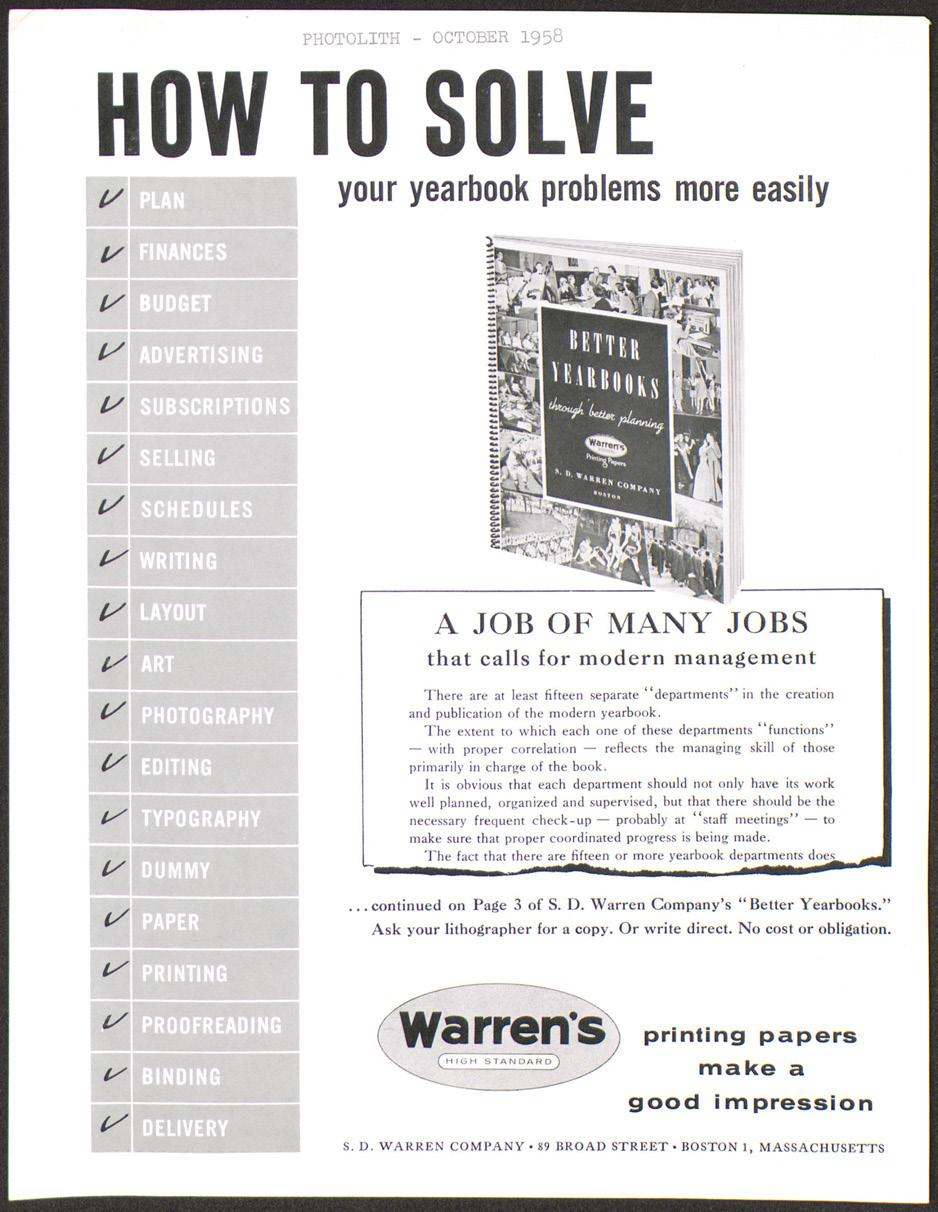 PHOTOLITH - OCTOBER 1958 HOW TO SOLVE your yearbook problems more easily A JOB OF MANY JOBS that calls for modern management There are at least fifteen separate "departments" in the creation and