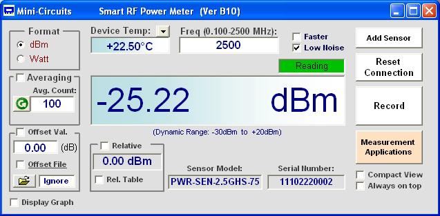 Wide Dynamic Range USB Smart Power Sensor 75Ω 100 khz to 2500 MHz Product Features Wide bandwidth, 100 khz to 2500 MHz 50 db Dynamic Range, -30 to +20 dbm Good VSWR, 1.03:1 typ.