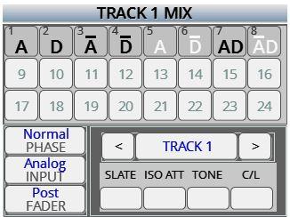 Assiging the inputs to the track Tap on the desired input(s) (1 thru 24) to route those input to the selected mix track. The number in the box represents the input number, for both analog and digital.