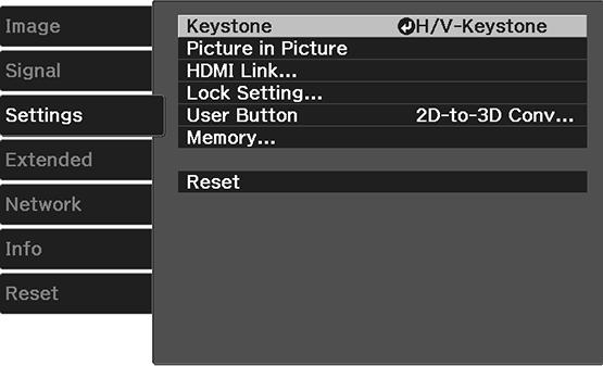 Note: You can set the HDMI Video Range setting only when the Epson Super White setting is set to Off. The Reset setting does not reset the Diagonal Screen Size, 3D Viewing Notice, and Aspect settings.