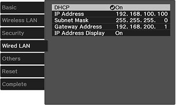 7. Select the Wired LAN menu and press Enter. 8. Select your IP Settings as necessary: If your network assigns addresses automatically, turn on the DHCP setting.