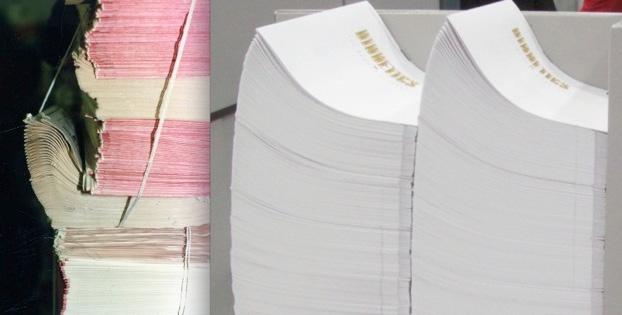 (continued from page 4) Distorted, or fluffy signatures/book blocks (right), cause costly downtime and result into poor quality bindings. On the left, signatures compliments of a commercial printer.