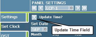 Step 5: Configure the Time, Date, Coordinates, and Daylight Savings and Clear Logs 3. Touch the Update Time box to activate the screen. Setting the panel daylight savings parameters 1.