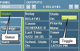 Overriding Outputs 3. Once the panel Main Menu loads, select the Outputs Menu. 4. Select the relay you wish to override. 5. In the relay status display, touch the Toggle button.