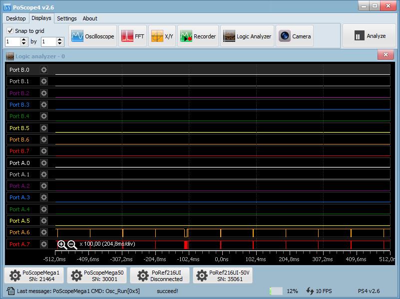 Run the Logic Analyzer by clicking its icon in the Displays tab of PoScope4 software: Below you can see an example of displaying digital ports of