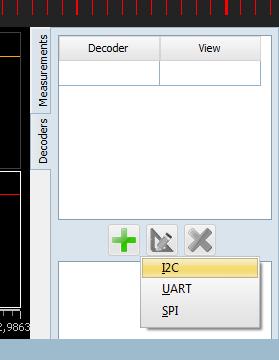 To add I2C decoder, click the + button on the I2C panel under Decoders tab. The application offers the data (SDA) and clock (SCL) parameters and how many bits to show the slave addresses.