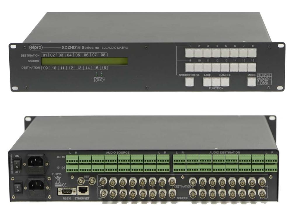 Automatic HD/SD-SDI selection External reference switching Selectable switching line Control via keypad, RS232, LAN or CNS1000 remote panel 16 storable presets Balanced audio combined Disabling of