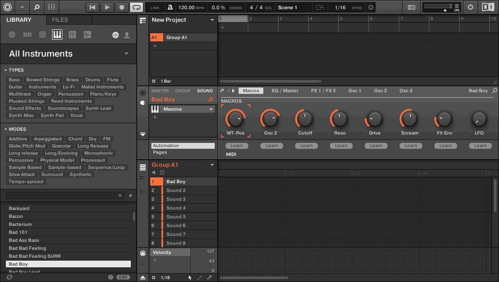 Using the Browser Filtering Files in the Browser In this example, the instrument with the selected preset is loaded into the MASCHINE software and its parameters are automatically mapped to the Smart