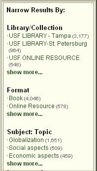 You may first want to choose Book from the Format category, and either USF Library-Tampa (for print books in the USF Tampa Library) or USF Online Resource (for online books) from the