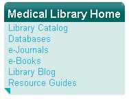 Menu Homepage link Link to online catalog Databases page, alphabetical listing describing an expanded list of databases the library