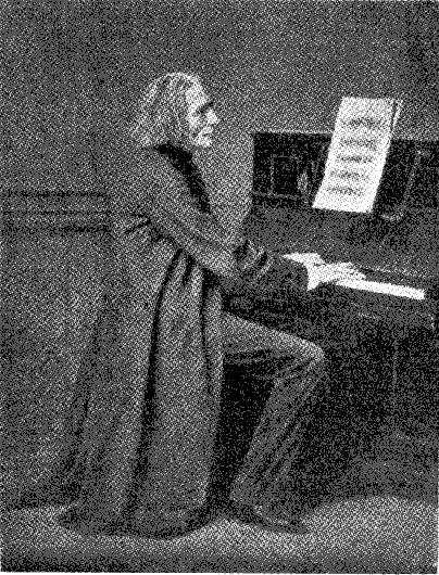 AT THE PIANO I am sure you will like to know how Liszt looked as he sat at the piano. Here he sits playing. You see he had only a simple kind of piano.