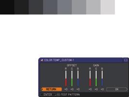 (or the ENTER) button displays a dialog to aid you in adjusting the OFFSET and GAIN of the selected mode. The OFFSET adjustments change the color intensity on the whole tones of the test pattern.