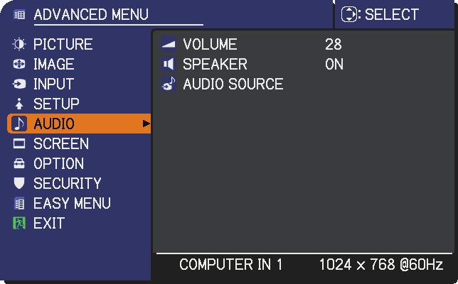 AUDIO menu AUDIO menu From the AUDIO menu, items shown in the table below can be performed. Select an item using the / cursor buttons, and press the cursor (or the ENTER) button to execute the item.