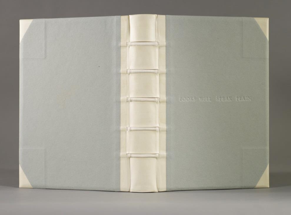 Deborah Howe Cut-away vellum spine with alum-tawed leather over bands, sewn on raised cords, endbands and corners based on a historical binding found in library collections, handmade cover and